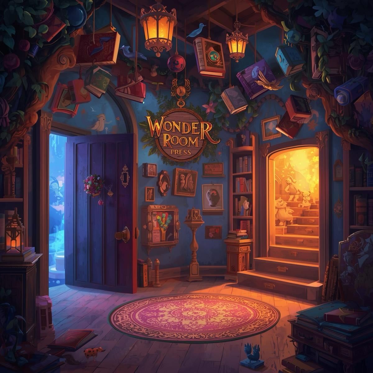 An illustrated wonder room filled with books, warm lanterns, and magical light.